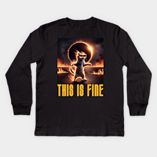 This is Fine - Funny Meme Cat - Solar Event, Solar Eclipse April 8 2024, Totality Kids Long Sleeve T-Shirt